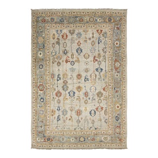 Modern Hand-Knotted Oushak Style Wool Area Rug in Soft Sage and Slate Blue 14x20 For Sale