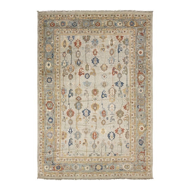 Modern Hand-Knotted Oushak Style Wool Area Rug in Soft Sage and Slate Blue 14x20 For Sale