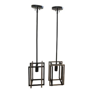 Contemporary Black Steel and Pewter Pendant Light - Set of 2 For Sale