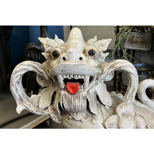 Mid 20th Century Mid-Century Large Scale Chinese Export Foo Dog Ceramic Pottery Figurines - Set of 2 For Sale - Image 5 of 7