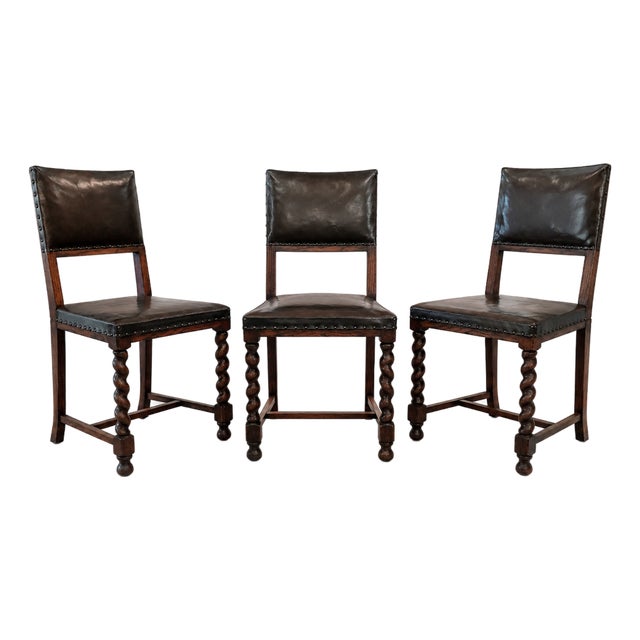 Antique Leather and Oak Studded Back Chairs, 1890s, Set of 3 For Sale