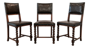 Antique Leather and Oak Studded Back Chairs, 1890s, Set of 3