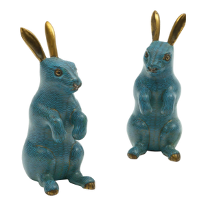 Antique 19th Century Chinese Export Blue & Gold Cloisonné Rabbits - A Pair