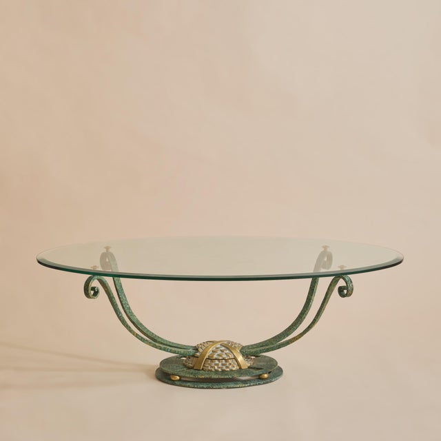 Vintage French Iron + Bronze Oval Glass Coffee Table For Sale - Image 4 of 11