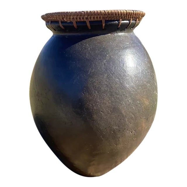 Vintage Primitive Handmade PotteryVase With Rattan Woven Top Snake Charmer Style For Sale