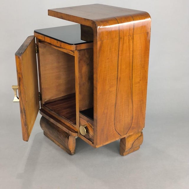 Art Deco Walnut Bedside Tables with Black Glass Tops, 1940s, Set of 2 For Sale - Image 5 of 9