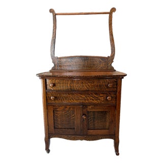 Grandmillennial Antique Tiger Oak Wood Cabinet Dresser W/ Removable Towel Bar For Sale