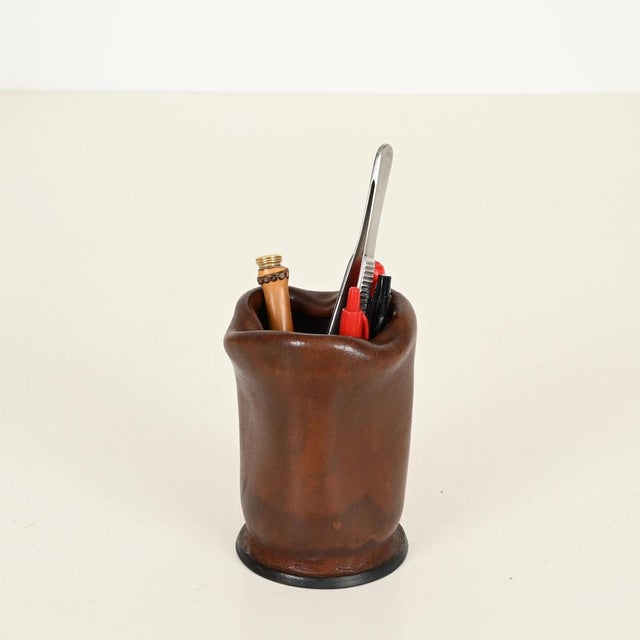 Italian Brown Curved Leather Pen Holder by Nova Tecno, Italy, 1950s For Sale - Image 4 of 12