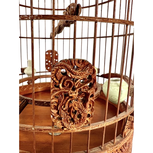 1980s 1980's Vintage Intricately Hand Made Bamboo Bird Cage With Celadon Feeders and Dragons For Sale - Image 5 of 11