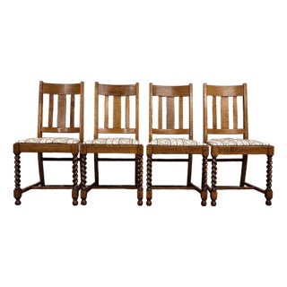 Vintage English Style Barley Twist Tiger Oak Pub Dining Chairs - Set of 4 For Sale