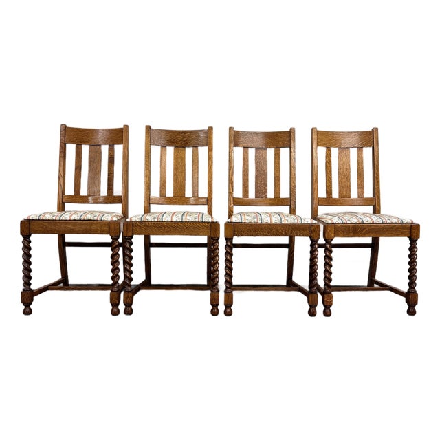 Vintage English Style Barley Twist Tiger Oak Pub Dining Chairs - Set of 4 For Sale