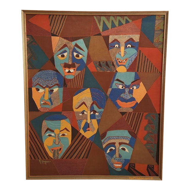 "Faces" - Batik Print by Javanese Artist F. Agus Mudjono - 1980 For Sale