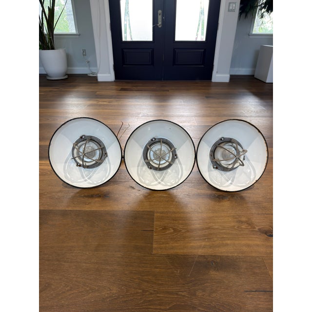 Contemporary Vintage Crouse-Hinds Green Porcelain Enamel Explosion-Proof Industrial Pendant Lights, Circa 1950s - Set of Three For Sale - Image 3 of 12