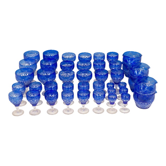 Victorian Blue Cut To Clear Crystal Stemware - 60 Pieces For Sale