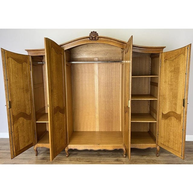 Vintage French Louis XVI Style Carved Oak 4-Door Armoire For Sale - Image 11 of 12