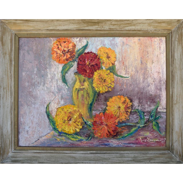 Mid 20th Century Mid Century Modern Impasto Zinnia Floral Still Life by Nona Beck Linneman For Sale - Image 5 of 5