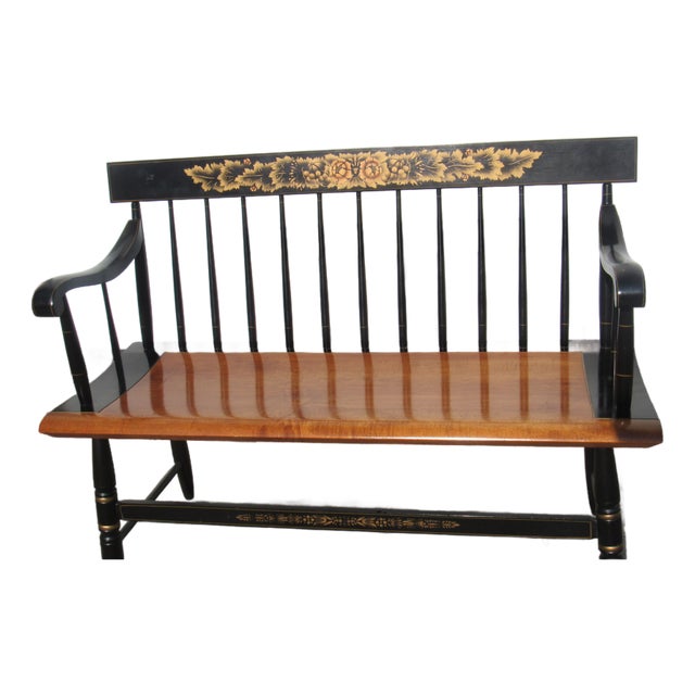 Hitchcock Black Farmhouse Bench Signed Designer For Sale