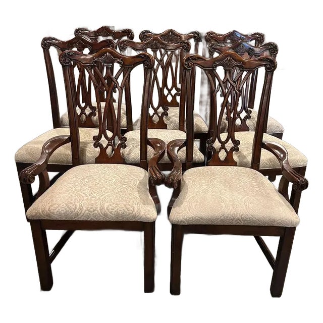 Set of 8 Chippendale Style Upholstered Dining Chairs For Sale