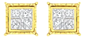 14K Yellow Gold 1.0 Cttw Invisible Set Princess-Cut Diamond Composite 8 Stone Stud Earrings (I-J Color, SI1-SI2 Clarity) - 2 Pieces