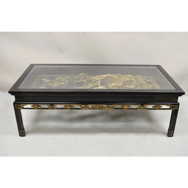 Vintage Chinese Relief Carved Ho Ho Bird Glass Top Display Oriental Coffee Table For Sale - Image 13 of 13