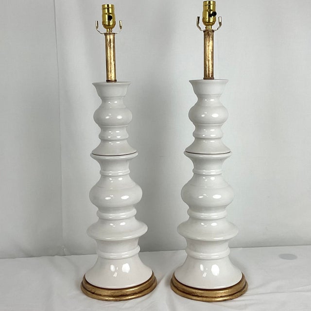 Traditional Vintage Tall White Ceramic Column Lamps - a Pair For Sale - Image 3 of 14