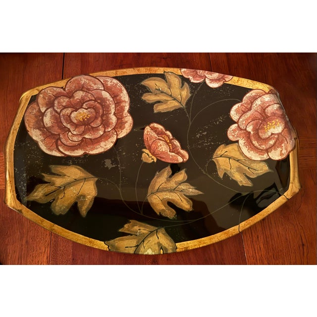 Large vintage signed JARU decorative centerpiece/tray with a dramatic black ground, dimensional floral design and metallic...
