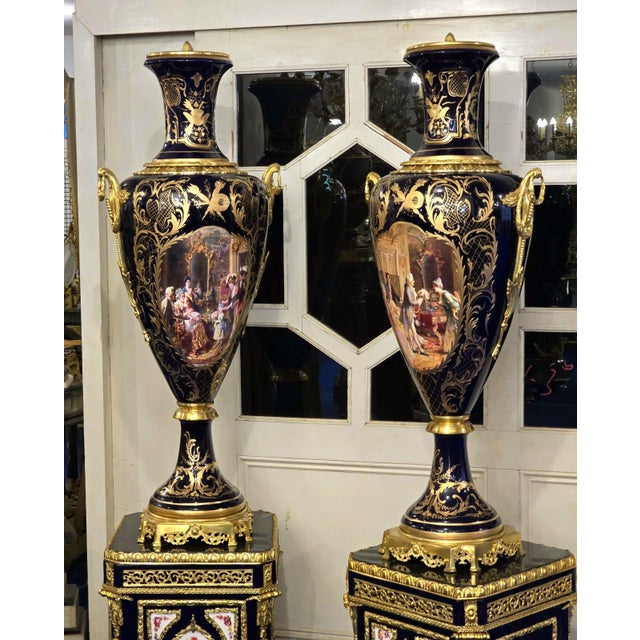 Metal Sevres-Style Midnight Blue Porcelain Vase on Pedestal With Gold Leaf Details & French Court Scenes For Sale - Image 7 of 9