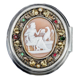 Magnificent Antique Grand Tour Box 19th Century Carved Shell Cameo Mixed Metals Gemstones Zeus Neoclassical Continental Silver For Sale