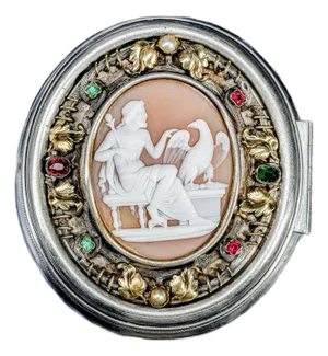 Magnificent Antique Grand Tour Box 19th Century Carved Shell Cameo Mixed Metals Gemstones Zeus Neoclassical Continental Silver