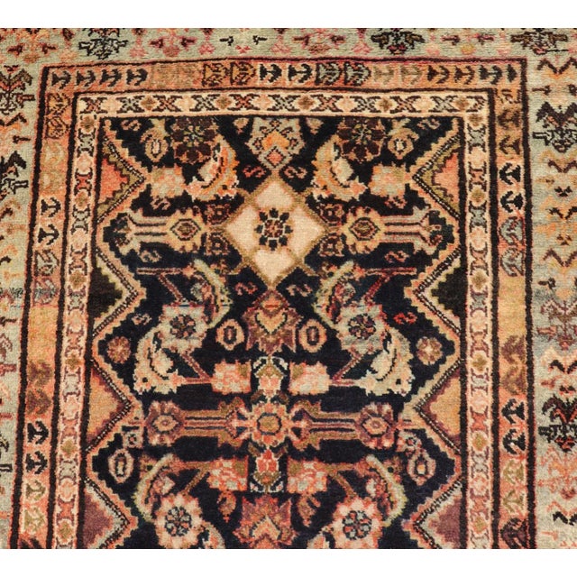 Textile Antique Hand Knotted Persian Mahal Runner in Dark Background and Light Border For Sale - Image 7 of 12