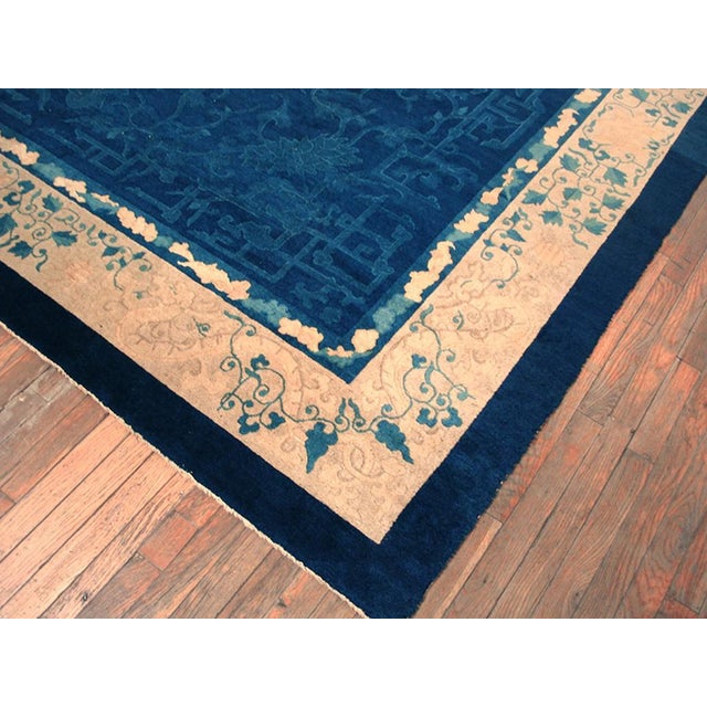 Stunning Royal Blue Background and Beige Border Color With Matelasse Pattern Antique Chinese Peking Carpet For Sale - Image 9 of 12