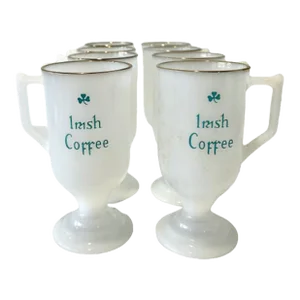 Early 20th Century Milk Glass Irish Coffee Mugs, Set of 8