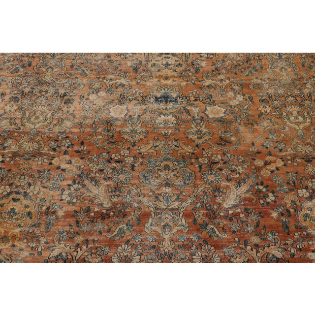 Textile Antique Kerman Lavar Orange-Brown and Blue Wool Persian Floral Rug For Sale - Image 7 of 9