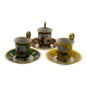 1990’s Vintage/New KPM Hand-Painted Collectors Cups & Saucers With Painting- 6 Pieces