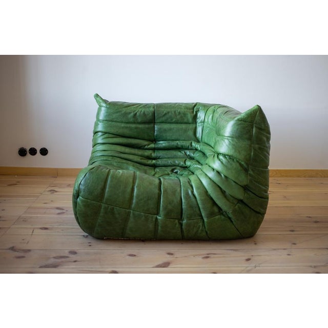 Animal Skin Dubai Green Leather Togo Lounge Chair, Corner and 2-Seat Sofa by Michel Ducaroy for Ligne Roset, 1979, Set of 3 For Sale - Image 7 of 14