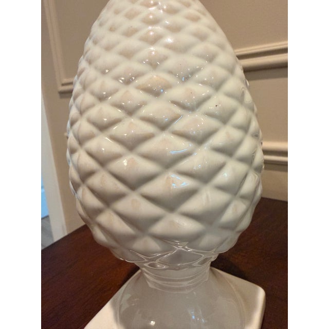 Rustic European Vintage White Glazed Ceramic Pine Cone Finial Sculpture on Pedestal Base For Sale - Image 3 of 5