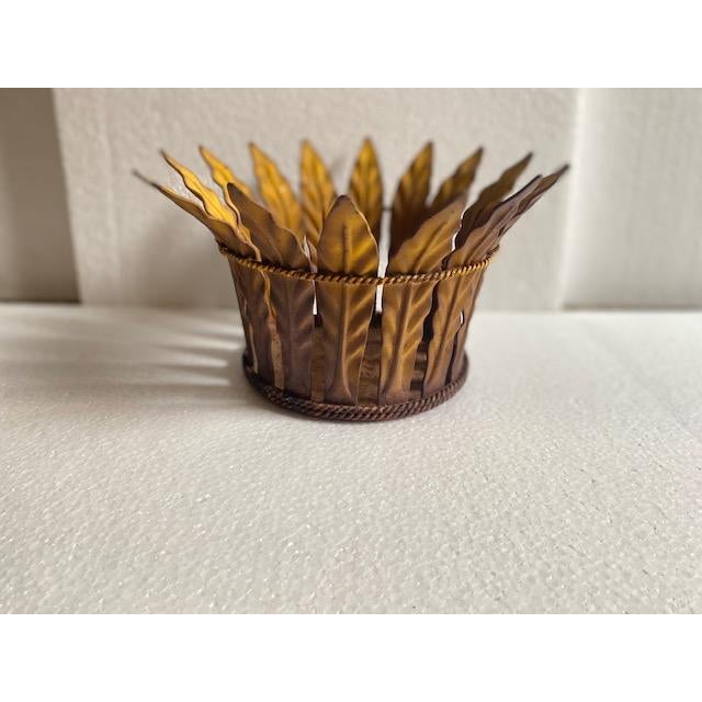 Metal Vintage Metal Leaf Pot Plant Holder / Decorative Basket – Brass Bronze Tone - Crown Design For Sale - Image 7 of 12
