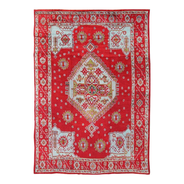 Large Antique Oushak Rug in Red, Acid Green and Ice Blue by Keivan Woven Arts For Sale