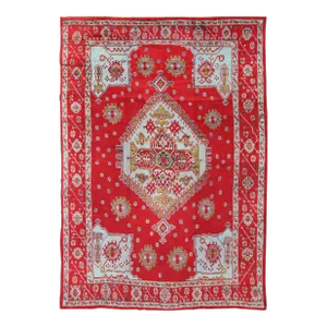 Large Antique Oushak Rug in Red, Acid Green and Ice Blue by Keivan Woven Arts