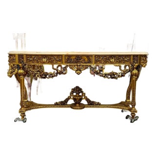 French Louis XVI Console Table – Marble Top With Elegant Gold Leaf Details For Sale