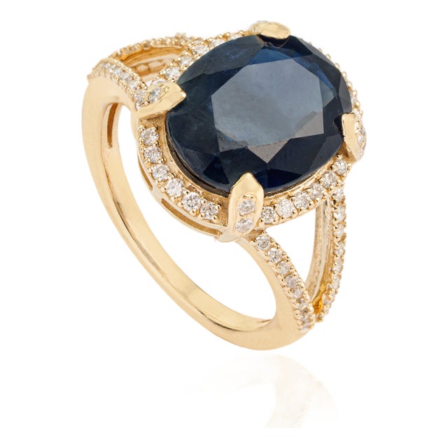 Royal 6.11ct Blue Sapphire Diamond Split-Shank Halo Ring Size 7 in 14k Gold For Sale