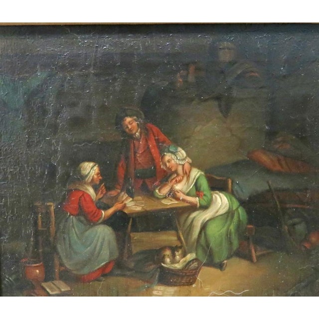 "The Fortune Teller" - Excellent original Flemish/Dutch oil on canvas, 18th c.. This depicts a young couple listening...