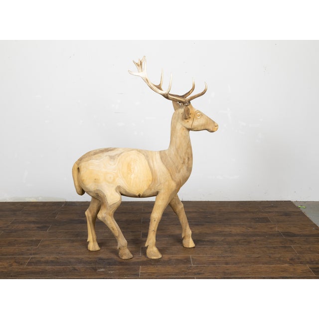Mid 20th Century Vintage Midcentury Sculpture of a Walking Stag with Antlers and Natural Patina For Sale - Image 5 of 12