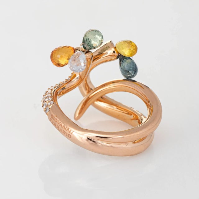 Modern Giovanni Ferraris Pave Diamond Ring Rainbow Sapphires 18k Rose Gold Estate size 6.5 For Sale - Image 3 of 7