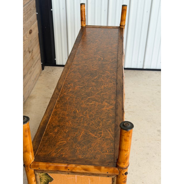 English Vintage Tortoise Bamboo Chicken Wire Sideboard Cabinet With Decoupaged Appliqué Panels For Sale - Image 3 of 12