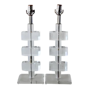 Karl Springer Style Glam Stacked Thick Lucite Table Lamps Mid-Century Modern-A Pair