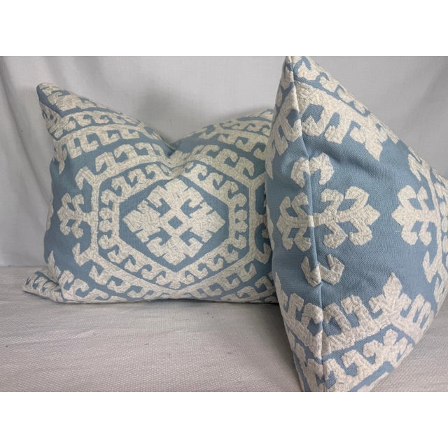 Transitional Schumacher "Omar Embroidery" in Sky 16"x20" Pillows-a Pair For Sale - Image 3 of 3