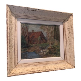 Vintage French Oil Painting Landscape Thatched Roof Cottage For Sale