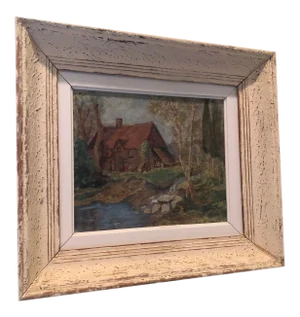 Vintage French Oil Painting Landscape Thatched Roof Cottage