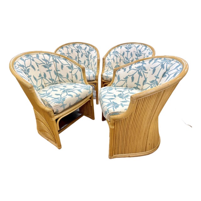 Set of 4 McGuire Bamboo and Split Reed Barrel Back Tub Chairs For Sale